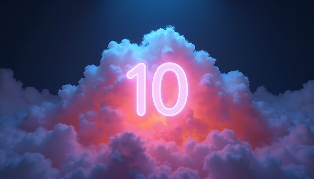 Neon number ten glowing amidst colorful clouds night - Powered by Adobe