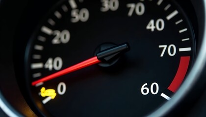Red needle on black dial with yellow indicator light dashboard gauge
