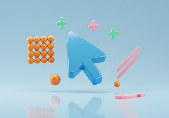 Abstract 3D Rendering of a Cursor with Spheres and Plus Symbols on a Light Blue Background Modern Design