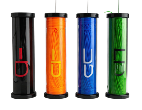 Four cylindrical containers of colorful strings - Powered by Adobe