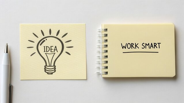 Creative concept of inspiration and productivity with light bulb idea illustration and motivational note on workspace desk
