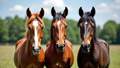 Three horses standing in a field equine brown horses