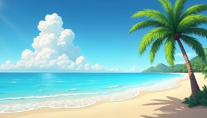 Fototapeta premium Tropical beach with palm tree and turquoise ocean waves white sand blue sky