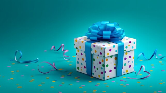 Multicolor polka dot gift box with bright blue ribbon on vibrant teal festive background