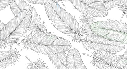 Seamless pattern with hand-drawn feathers, Detailed black and white feather line art, Coloring book page with intricate feathers