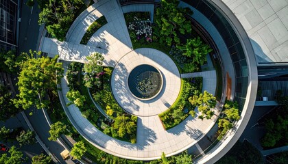 Aerial View of Circular Garden with Green Foliage and Concrete Paths Under Soft Sunlight and Blue Sky