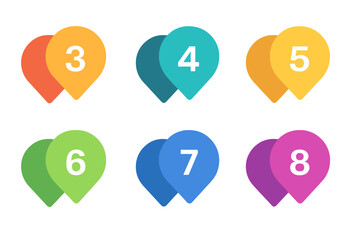 Infographic numbers 3 to 8. Vector business markers. Colorful step options. Process chart pins. Workflow diagram template. Presentation layout. Modern flat location pointers.