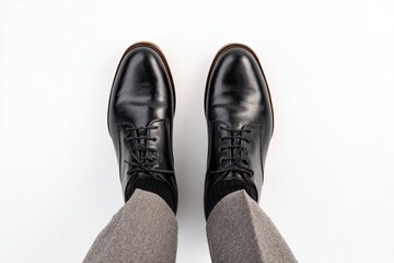 Overhead shot shows a person's feet in black dress shoes, gray pants, and dark socks on white