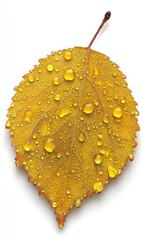 Vibrant yellow leaf with water droplets isolated on white, stem visible