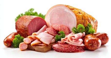 A collection of various cured meats, sliced, and whole, with parsley garnish