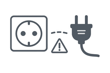 404 error, page not found. Connection error concept. Unplugged electrical outlet and plug with a warning sign. Disconnected, offline, no signal, power loss vector icon.