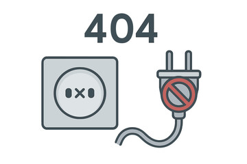 Metaphor 404 error page not found. Connection problem. Website offline or unavailable. Disconnected plug from socket. Electrical outlet disabled. Failure concept vector.