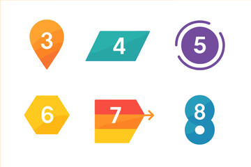 Vector infographic elements with numbers 3 to 8. Set of colorful abstract shapes for business presentation, workflow layout, diagram, or web design. Modern flat number markers.