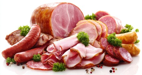 Assorted cuts of cured meats, sausages, and ham garnished with fresh parsley and peppercorns