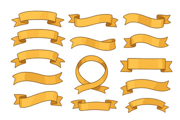 Elegant gold ribbon banner vector set. Classic golden scroll and label shapes for titles, headers, and awards. Vintage decorative design element collection for certificates.