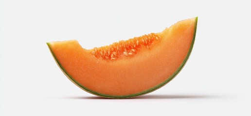 A single cantaloupe wedge on white; orange flesh, seeds visible, green rind, partial bite