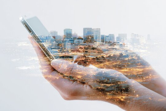 A city skyline superimposed on hands holding a mobile device, showcasing modern connectivity