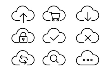 Cloud computing editable stroke icon set. Line icons for data storage, network server, upload, download, security, search, sync, e-commerce, approved, and reject symbols.