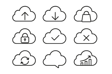 Cloud computing line icon set. Vector symbols for data storage, upload, download, security lock, sync, and analytics. Thin line pictogram collection with editable stroke.
