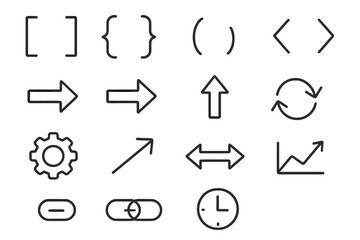 Minimalist thin line icons for web design, app development, business presentations. UI UX outline icon set. Includes arrows, graph, settings, code symbols. Editable stroke vector.