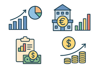 Financial performance icon set with euro and dollar symbols. Business productivity and statistic report. Return on investment, budget planning, income growth vector illustration.