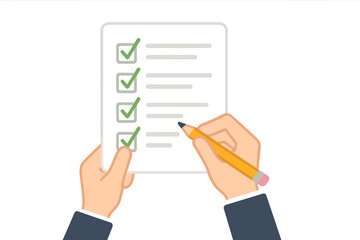 Hand holding checklist with pencil. To-do list, task completed. Concept of survey, questionnaire, test, voting. Business success, achievement, and goal completion.