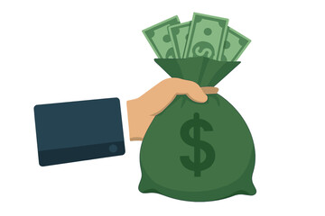 Businessman hand holding a money bag full of cash dollars. Financial concept of savings, wealth, profit, and investment. Vector illustration for business, banking, and economy.