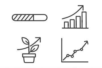Growth and progress icon set. Business success chart. Investment development graph. Loading bar sign. Financial analytics symbol collection. Editable stroke vector for infographics.