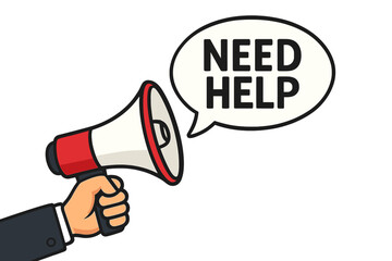 Businessman hand with megaphone and need help speech bubble. Communication concept for support, assistance, and guidance. Loudspeaker for announcement, alert, and business crisis.