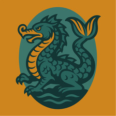 Heraldic Dragon Emblem In Ornamental Oval Fantasy Crest Vector Illustration