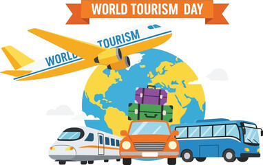 World tourism day concept with airplane, train, car, bus and earth globe