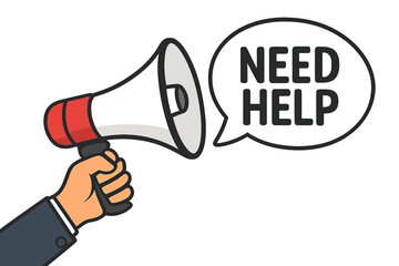 Hand holding a megaphone with a Need Help speech bubble. Business concept for seeking support, assistance, or customer service. Urgent announcement, message or alert banner.