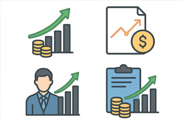 Business financial performance icon collection. Concepts for income increase, statistic report, boosting productivity, return on investment, finance, budget planning, growth.