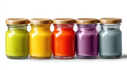 Five colorful paint jars with wooden lids, lined up against a white background