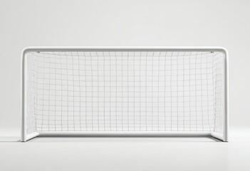 Front-view of a white, empty goalpost with netting against a white background