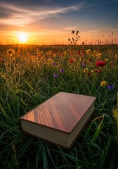Book resting in a meadow at sunrise, reflecting calm and knowledge