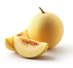 A whole ripe, yellow-skinned melon with sliced pieces on a white background
