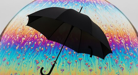 Abstract black umbrella against a colorful bubble sphere, contrasting textures and hues, creating a captivating