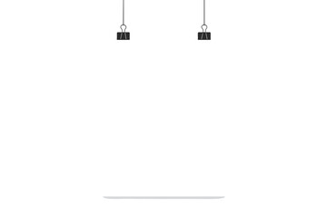 Hanging white poster mockup on binder clips. Realistic blank paper sheet template for text or design. Empty vertical banner frame for business presentation. Vector background.