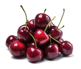 A pile of ripe, glistening dark red fruit with stems, against a bright white background