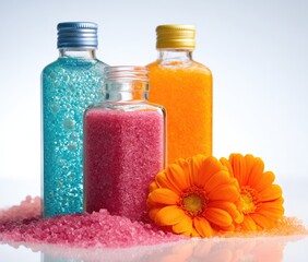 Glass bottles of bath products in vibrant colors, with flowers and salt
