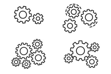 Gear and cogwheel icon set for mechanism and teamwork concepts. Line art cogs illustrate process, engineering, and system operations. Editable stroke vector for infographics.