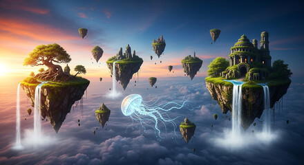 Fantasy landscape with floating islands, waterfalls, and a jellyfish floating in the sky during a sunset, creating a magical and serene atmosphere