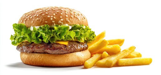 A fully assembled burger with lettuce, cheese, and patty, alongside a pile of french fries on white