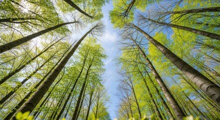 Looking upwards, the camera angle reveals a forest canopy of tall trees reaching towards the open blue sky, with new green leaves and textured tree trunks, creating a calming and natural environment.