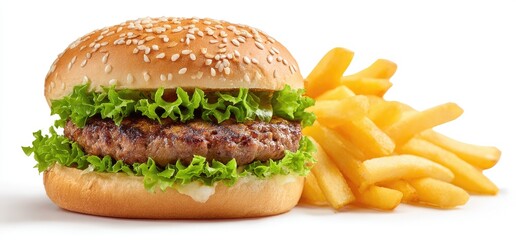 A sesame-seeded bun burger with lettuce and a grilled patty, next to a pile of golden fries