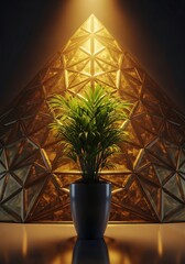 Exotic plant accentuated by golden geometric backdrop under a singular spotlight aura enhances its elegance