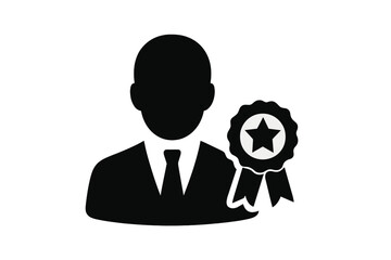 Businessperson with award badge icon, professional corporate figure holding star ribbon, excellence recognition symbol, achievement and success flat vector illustration for web, logo, UI design
