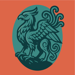 Ornate Phoenix Bird Crest In Decorative Oval Mythic Emblem Vector Illustration