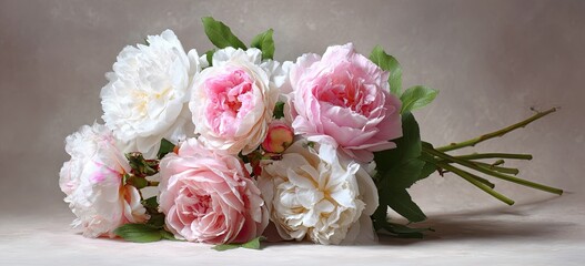 A delicate bouquet of pink and white flowers rests, leaves adding contrast against a soft backdrop